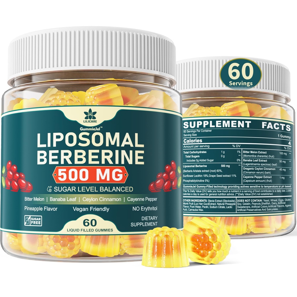 LILICARE Berberine 500mg Supplement, Once Daily, Liposomal Gummies with Ceylon Cinnamon, Bitter Melon, Banaba Leaf for Metabolism Balanced, AMPK Activator, High Absorption, Sugar Free, Vegan, 60 Cts