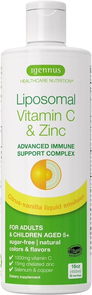 Υψηλή απορρόφηση Λιποσωμική Βιταμίνη C 1000mg & Διγλυκινικός ψευδάργυρος, 30-90 Μερίδες, Υγρή Ανοσολογική Υποστήριξη για Ενήλικες & Παιδιά 5+, Μη-ΓΤΟ, Χωρίς ζάχαρη, Εσπεριδοειδή & Βανίλια Γεύση, από Igenus