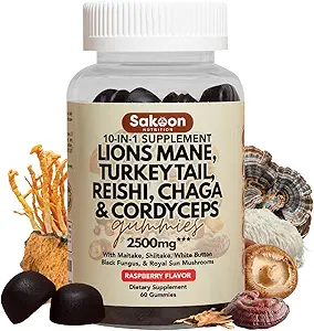 Sakoon nutrition Lions Mane Mushroom Gummies with Turkey Tail, Reishi & More, 2500mg, 60 Count, Raspberry Flavored