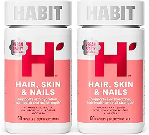 Habit Hair, Skin & Nails Supplement 2 Pack (120 Capsules) - New Look, Supports Skin Hydration, Hair & Nail Strength, Biotin 2000mcg, Vitamin A & C, Hyaluronic Acid, Rosehip, Vegan, Non-GMO