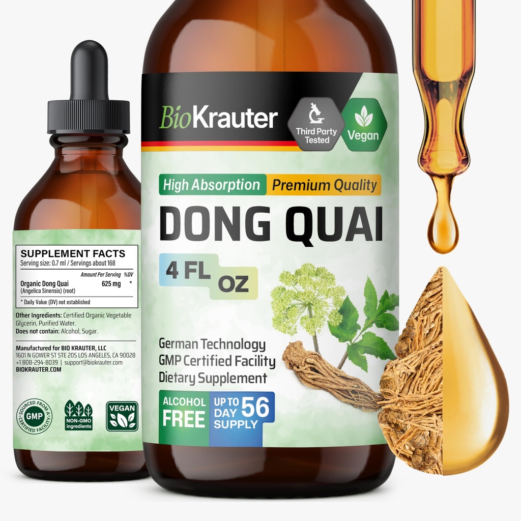 BIO KRAUTER® Συμπληρώματα εμμηνόπαυσης για γυναίκες* - Dong Quai Drops 4 Fl.Oz 56 Ημέρες Προμήθειας - Vegan Angelica Root Βάμμα για Εμμηνόπαυση Υποστήριξη - Αλκοόλ & Ζάχαρη Δωρεάν - Χαλάρωση & Γυναικεία Ευεξία