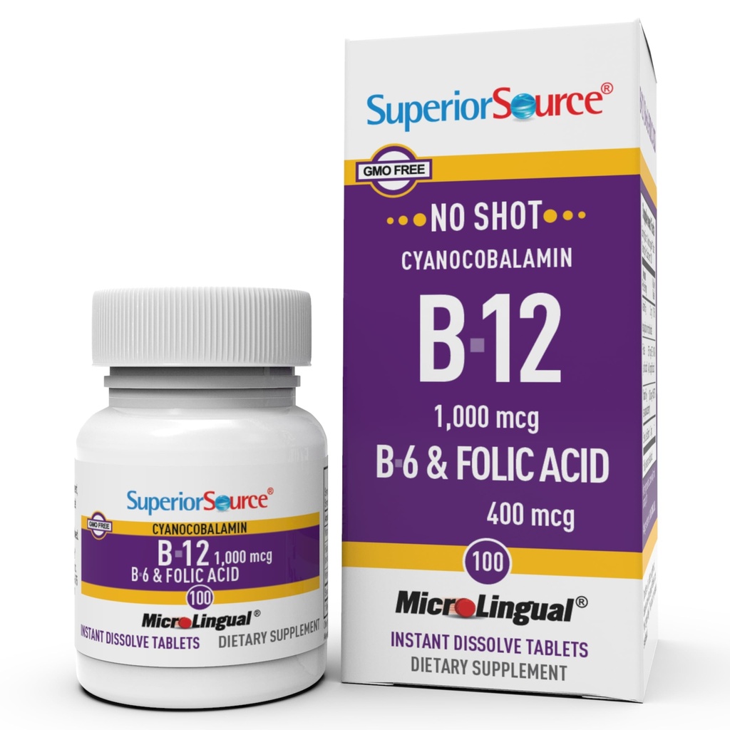 Superior Source No Shot Βιταμίνη B-12 Κυανοκοβαλαμίνη 1000 mcg, B-6, Φολικό οξύ 400 mcg - Υποστήριξη Εγκέφαλος & Καρδιά Υγεία - Βοηθά Επίπεδα Φυσικής Ενέργειας - 100 Υπογλώσσια Δισκία Διάλυσης