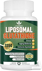 3250 MG Liposomal Glutathionone Supplement, Μειωμένη L-Γλουταθειόνη με Resveratrol, Quercetin, Αντιοξειδωτικό συμπλήρωμα για το ανοσοποιητικό σύστημα, Gluten Free & Non-GMO, 60 κάψουλες