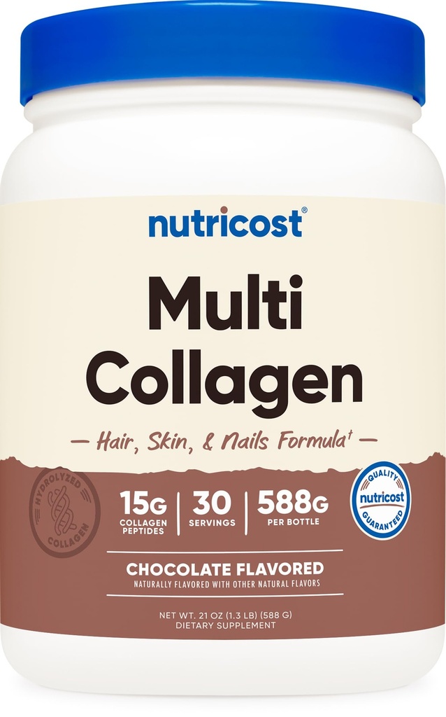 Nutricost Multi Collagen + Beauty & Protein Powder (Milk Chocolate Flavor) 30 Σερβιρίσματα - με Biotin και Collagen Peptides, Μη ΓΤΟ, Χωρίς γλουτένη
