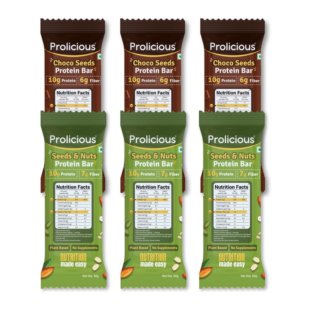 Prolicious Protein Bars |10g Protein & 5g Fibre Per Pack |Date Sweetened |Vegan Snacks | Choco Seeds+ Seeds & Nuts| 50g (Pack of 6)