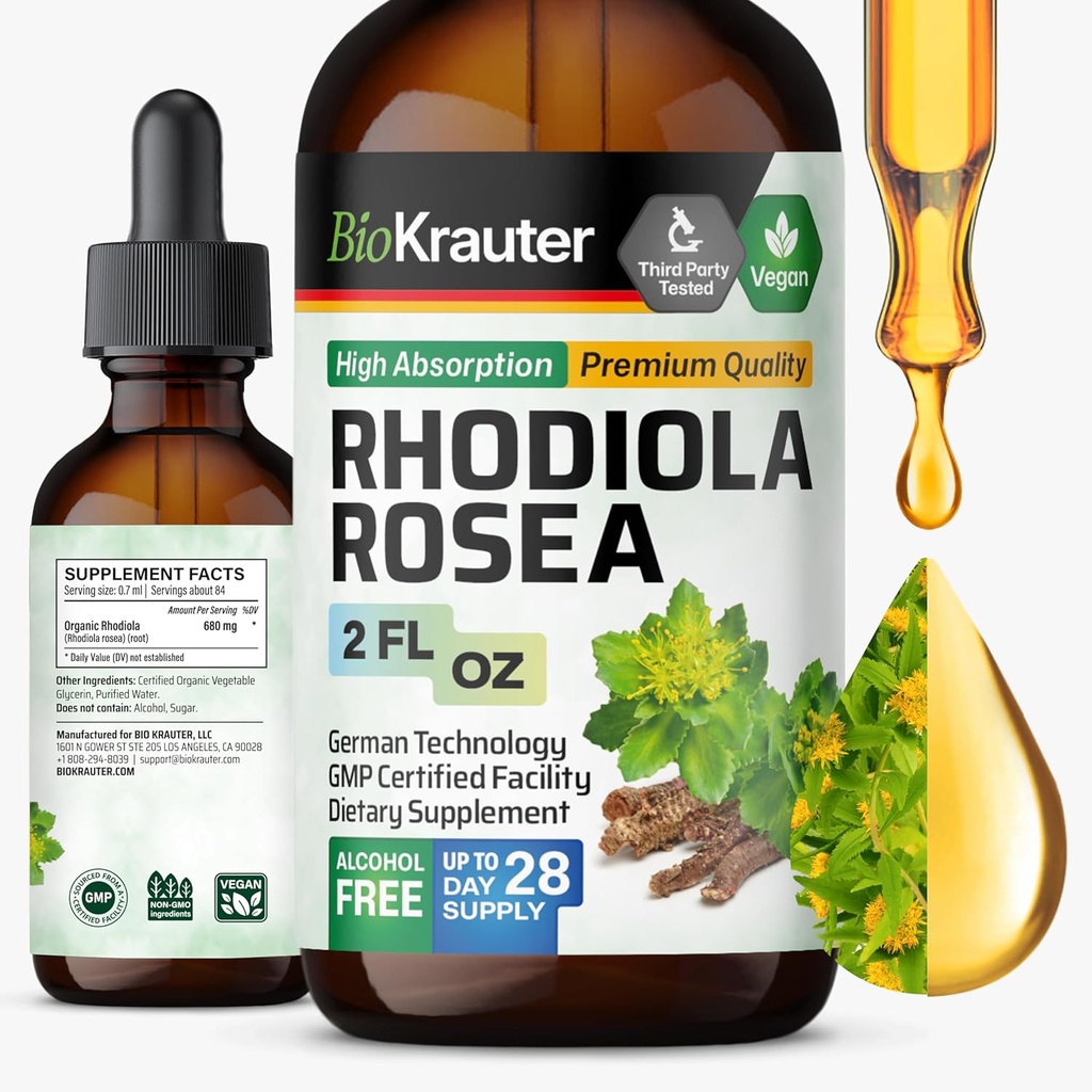 BIO KRAUTER Rhodiola Rosea συμπλήρωμα Υγρό - Pure Rhodiola Rosea Βάμμα - Vegan υποστήριξη ηρεμίας - Αλκοόλ & Ζάχαρη εκχύλισμα 2 FL.Oz.