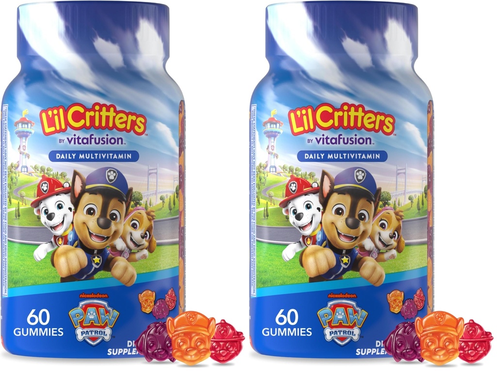 L’il Critters Paw Patrol Gummy Vites Daily Gummy Multivitamin for Kids, Vitamin C, D3 for Immune Support Cherry, Orange and Blueberry Flavors, 60 Gummies (Pack of 2)