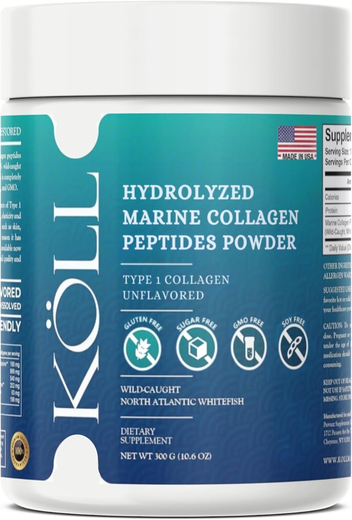 KÖLL Marine Collagen Peptides Peptides Powder (300g) Άγευστο Κόλαγκεν Χωρίς Ζάχαρη για γυναίκες & άνδρες, 10.000mg Hydrolyzed Supplement, Wild-Caught Sourced, Non-GMO, 0% Συντηρητικά Τύπου 1 για την υγεία των οστών και του δέρματος