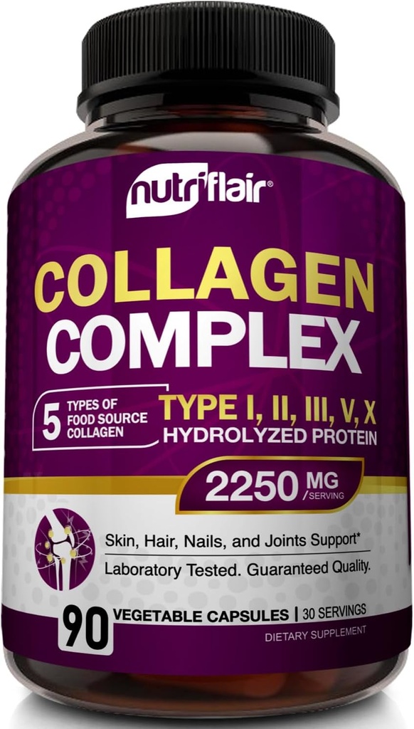 NutriFlair Multi Collagen Peptides 2250mg, 90 Κάψουλες - Type I, II, III, V, X - Collagen Συμπληρώματα Complex χάπια σκόνης για γυναίκες και άνδρες - Υδρολυμένη πρωτεΐνη, υγιή μαλλιά, δέρμα, νύχια - Μη ΓΤΟ