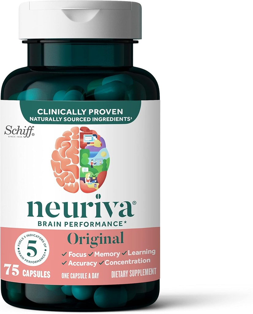 NEURIVA Original Brain Supplement for Memory, Focus & Concentration + Learning & Accuracy with Clinically Tested Nootropics Phosphatidylserine and Neurofactor, Caffeine Free, 75ct Capsules
