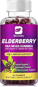 Elderberry Gummies & Irish Sea Moss, Organic Sambucus Elderberry Gummy with Seamoss, Zinc, Vitamin C, D3, Multivitamin Elderberry Vitamin & Energy Support Supplements - Sugar-Free