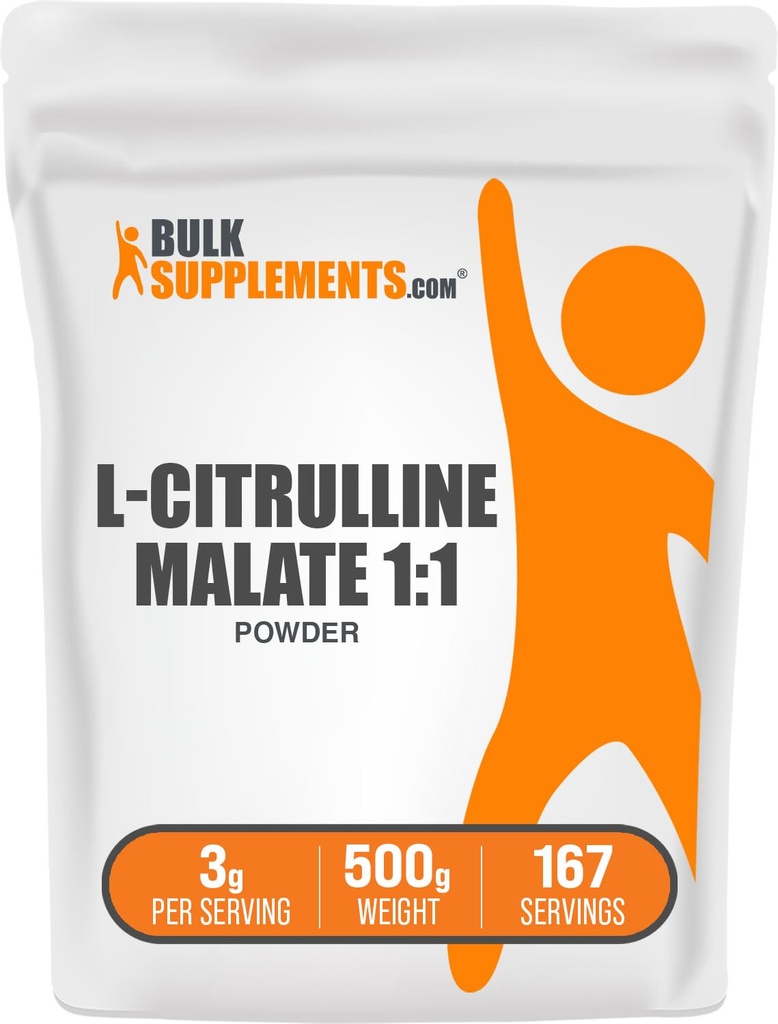 BulkSupplements.com L-Citrulline Malate 1:1 Κόνις - Κιτρουλίνη σε σκόνη, Amino Acid Supplement - Χωρίς γεύση & Γλουτένη - 3g ανά Σερβίρισμα, 500g (1.1 lbs) (Pack of 1)