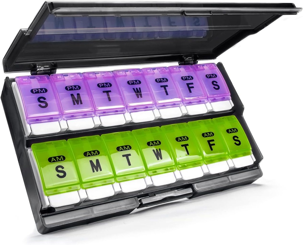 Extra Large Weekly Pill Organizer 2 φορές την ημέρα - Remtise Am/Pm Daily Pill Case Organizer, Push Button 7 Day Pill Box for Pills/Vitamin/Cod Liver Oil/Supplements (Purple & Green)