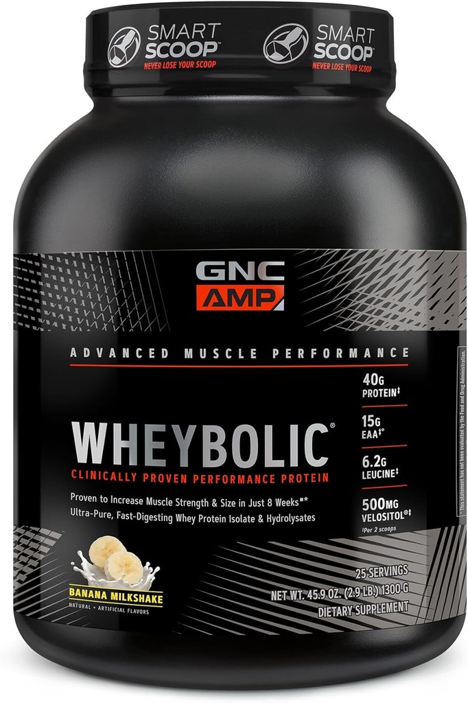 GNC AMP Ουροβολική κλινικά αποδεδειγμένη πρωτεΐνη σκόνη, 40g πρωτεΐνη ορού γάλακτος, BCAA, λεουκίνη, αυξάνει τη μυϊκή δύναμη, οικοδόμηση μυών, 3ο μέρος δοκιμαστεί, χωρίς γλουτένη, μπανάνα μιλκσέικ, 25 υπηρεσίες