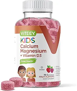 VITEEY Kids Ασβέστιο Gummies + Βιταμίνη D3 & Μαγνήσιο Κιτρικό για Παιδιά και Έφηβοι - Υποστηρίζει την υγεία των οστών, την ανοσοποιητική υποστήριξη, την ενέργεια και τη λειτουργία των μυών - Χωρίς γλουτένη, GMO Δωρεάν - Νόστιμα Μασώμενα Φρούτα Γεύση