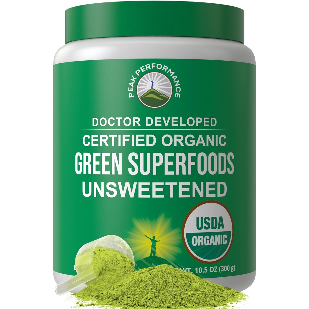 Peak Performance Unsweetened Organic Greens Superfood Powder. Super Greens Powder with 25+ Organic Ingredients for Max Energy and Athletic Performance. Vegan Keto Green Juice Daily Drink