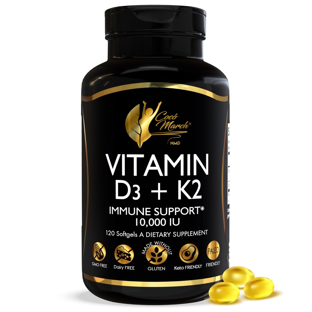 Cocó March N.M.D Vitamin D3+K2 10,000 IU - High Potency Supplement for Women & Men, Immune Support, Bone & Joint Health - Gluten-Free, Non-GMO, 4 Month Supply, 250 mcg D3, 180 mcg of Vitamin K2