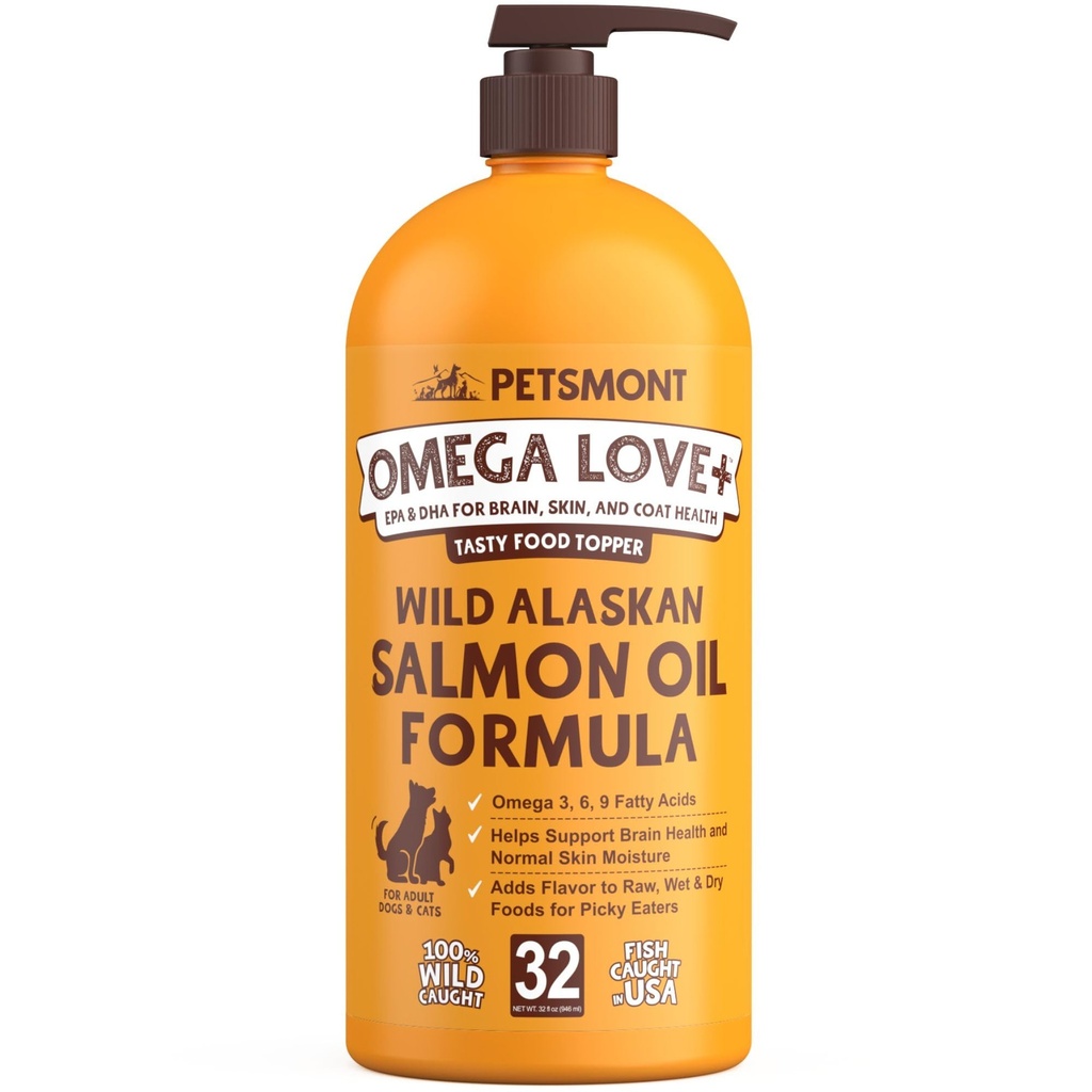 Petsmont Omega Love+ Wild Alaskan Salmon Oil for Dogs Formula 32 oz - Fish Omega Υγρή Αντλία Γάτες Υποστηρίζει κοινή λειτουργία ανοσοποιητική καρδιά Συμπλήρωμα διατροφής υγεία Κατοικίδια ζώα Φυσική EPA DHA λιπαρά οξέα