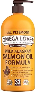 Petsmont Omega Love+ Wild Alaskan Salmon Oil for Dogs Formula 32 oz - Fish Omega Υγρή Αντλία Γάτες Υποστηρίζει κοινή λειτουργία ανοσοποιητική καρδιά Συμπλήρωμα διατροφής υγεία Κατοικίδια ζώα Φυσική EPA DHA λιπαρά οξέα