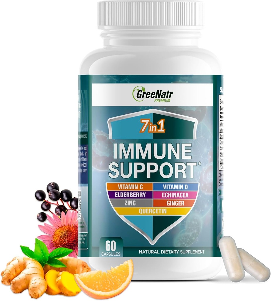 GreeNatr Immune Support Supplement with Vitamin C, D3, Zinc 50mg, Quercetin, Echinacea Purpurea, Sambucus Elderberry and Ginger for Complete Immune Defense - 60 Capsules (1 Bottle)