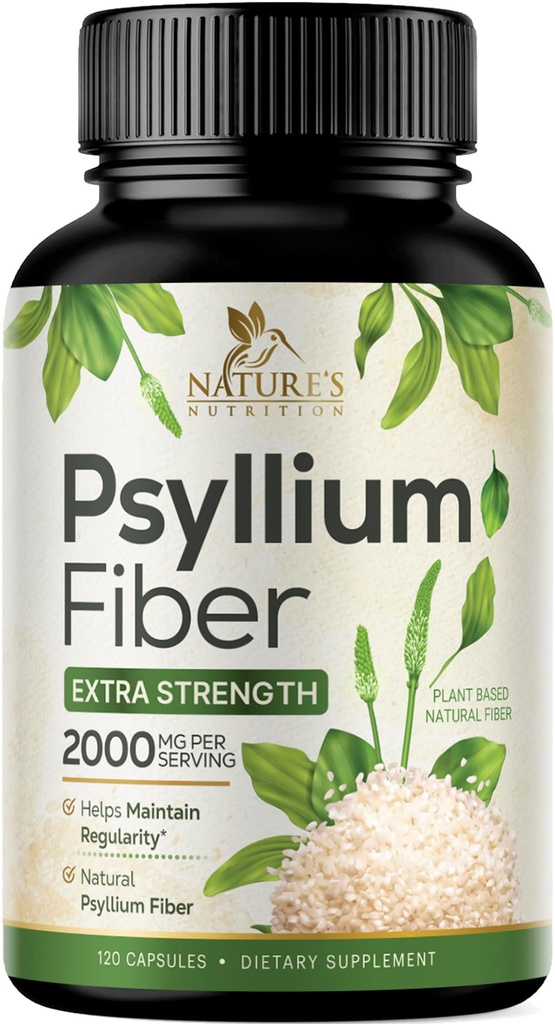 Psyllium Husk Powder 2000mg Per Serving Supplement - Extra Strength Psyllium Fiber Powder - Natural Soluble Fiber Pills, Supports Digestion, Colon Health & Regularity, Bottled in USA - 120 Capsules