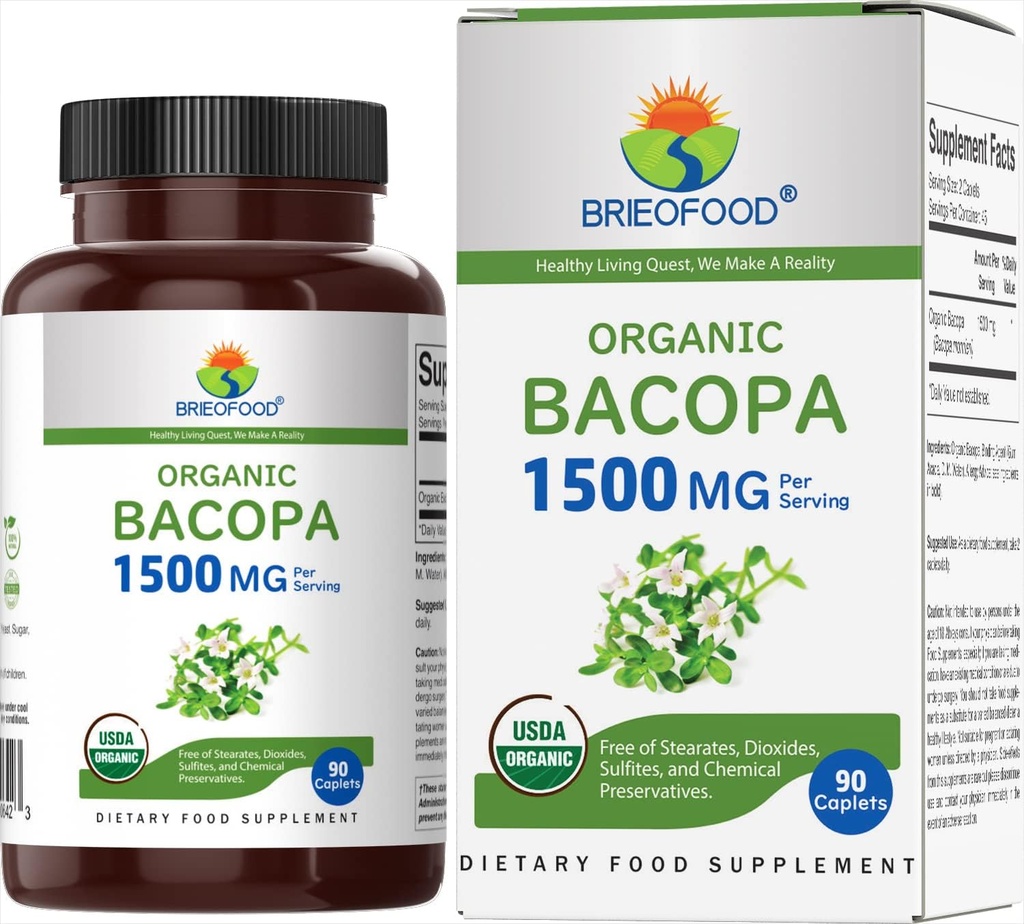 Brieofood Organic Bacopa 1500mg, 45 Servings, Vegetarian, Gluten Free, 90 Vegetarian Tablets…