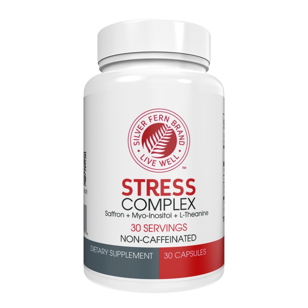 Silver Fern Strress Complex Supplement - Χωρίς καφεΐνη - Ύπνος, ανησυχία, Mood & More - με Saffron Συμπληρώματα, L-Θεανίνη Συμπλήρωμα, & Myo-inositol - Φυσικό Stress Relief Supplement (Pack of 1)