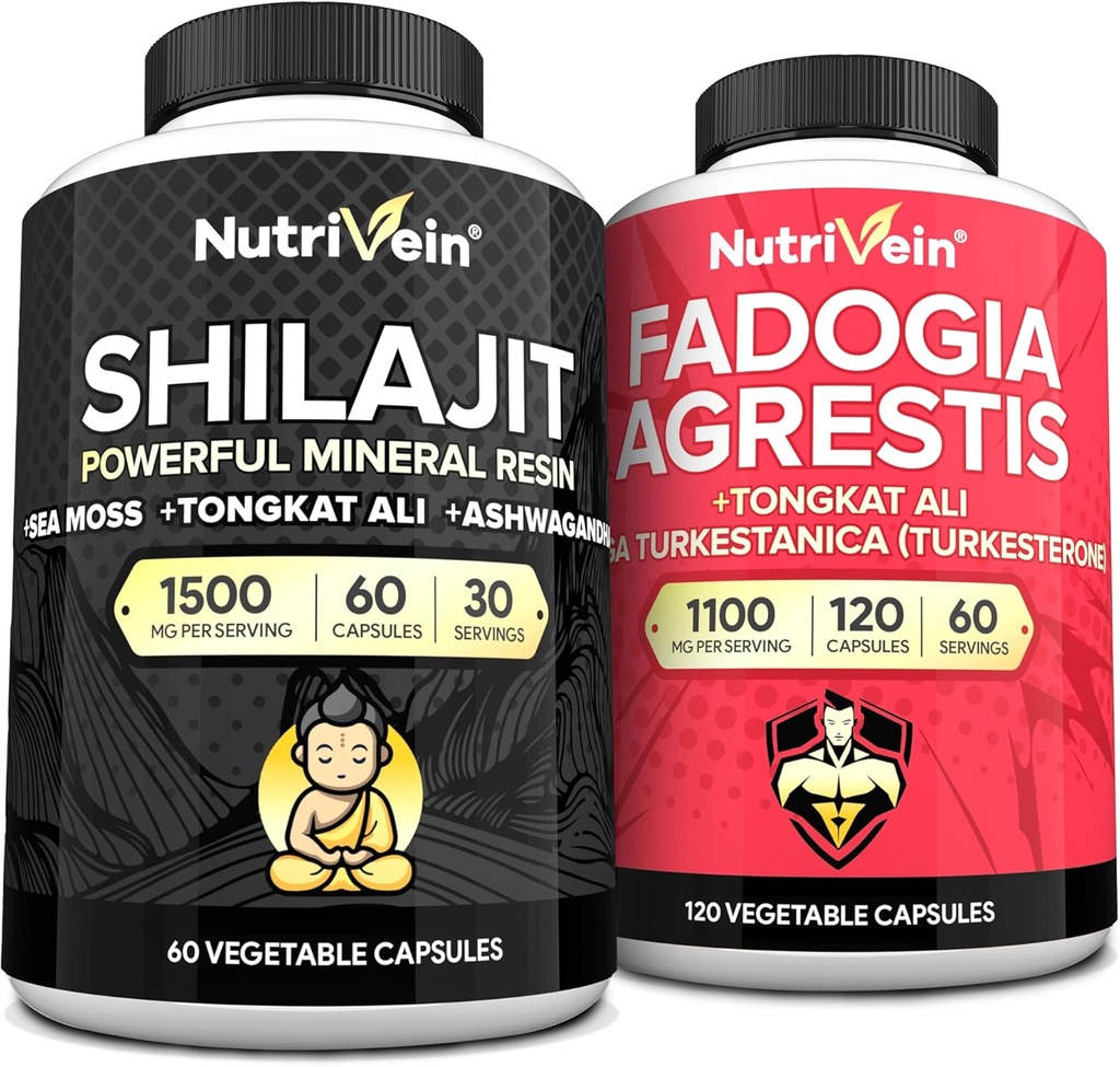 Nutrivein Premium Shilajit Κάψουλες και Fadogia Agrestis συμπλήρωμα Bundle: Ισχυρό Shilajit για γυναίκες και άνδρες + Fadogia Agrestis με Tongkat Ali συμπλήρωμα για την απόδοση, αντοχή, και ζωτικότητα