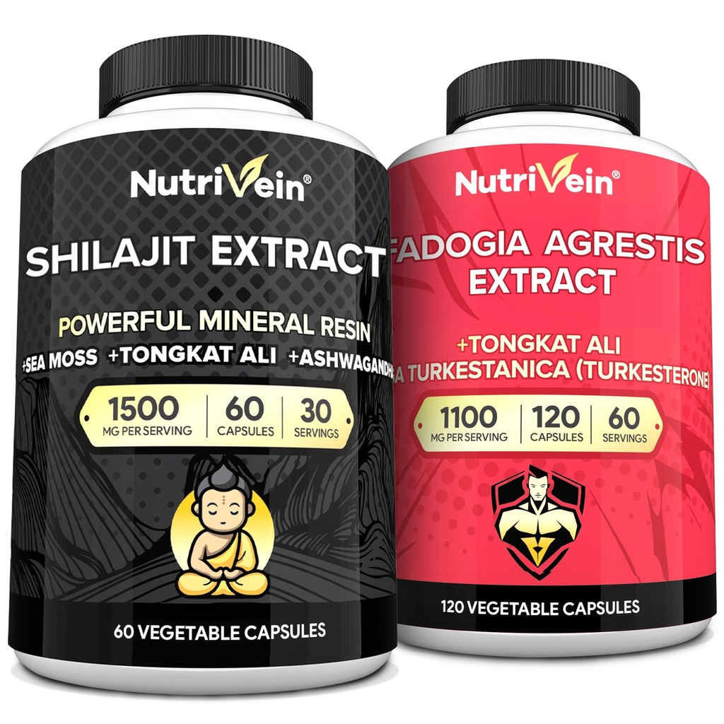 Nutrivein Premium Shilajit Κάψουλες και Fadogia Agrestis συμπλήρωμα Bundle: Ισχυρό Shilajit για γυναίκες και άνδρες + Fadogia Agrestis με Tongkat Ali συμπλήρωμα για την απόδοση, αντοχή, και ζωτικότητα