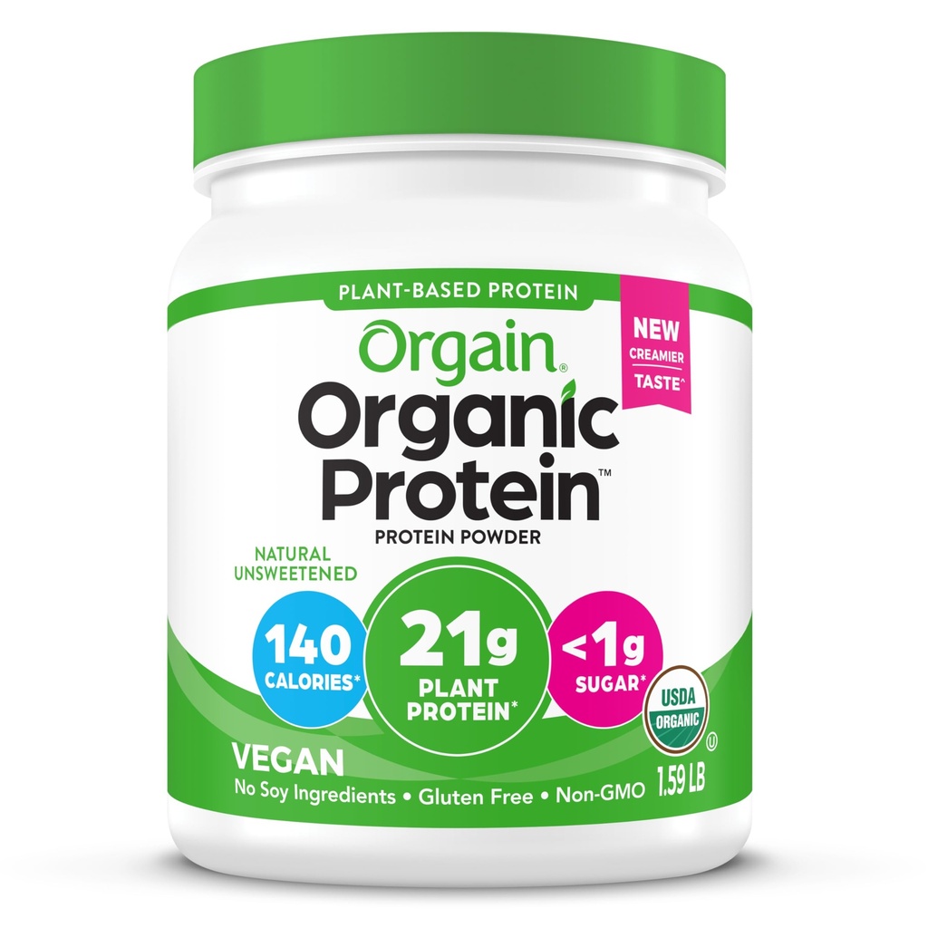 Orgain Organic Vegan Protein Powder, Natural Unsweeted - 21g Πρωτεΐνης Φυτών, 4g Προβιοτικές Ίνες, Χαμηλά Καθαρά Καρβίδια, Χωρίς Συστατικά Λακτόζης, Χωρίς Προστιθέμενη Ζάχαρη, Μη-ΓΤΟ, Για Ανακινήσεις & Smoothies, 1,59 lb