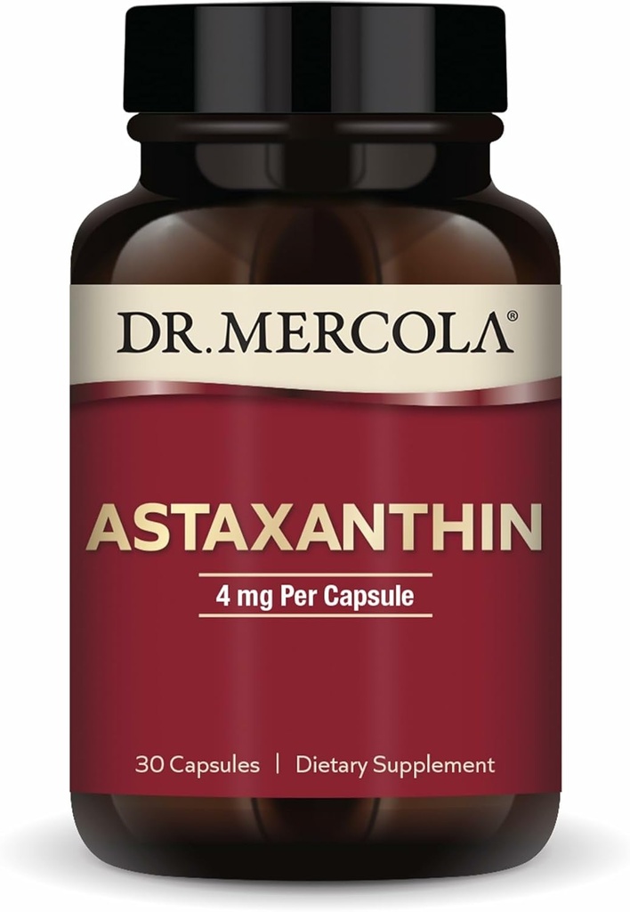 Dr. Mercola Organic Astaxanthin - 4 mg Ασταξανθίνη - Ισχυρή Αντιοξειδωτική Υποστήριξη - Βιολογικό εκχύλισμα μικροφυκών - Μη ΓΤΟ, Χωρίς Γλουτένη & Χωρίς Σόγια - 30 Κάψουλες (30 Σερβιέτες)
