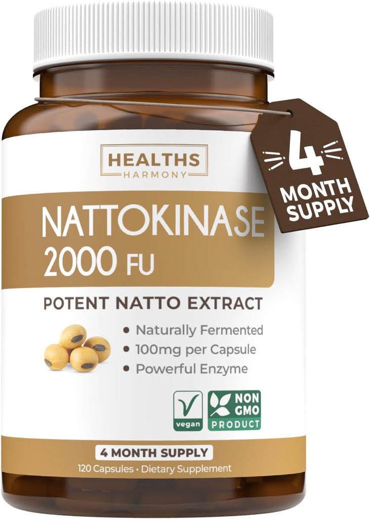 Healths Harmony Nattokinase 2000 FU (Non-GMO) Ισχυρό συμπλήρωμα νατοκινάσης Κατασκευασμένο από φυσικά ζυμωμένες σόγιας - (4 μήνες προμήθεια) 120 κάψουλες Vegan Natto