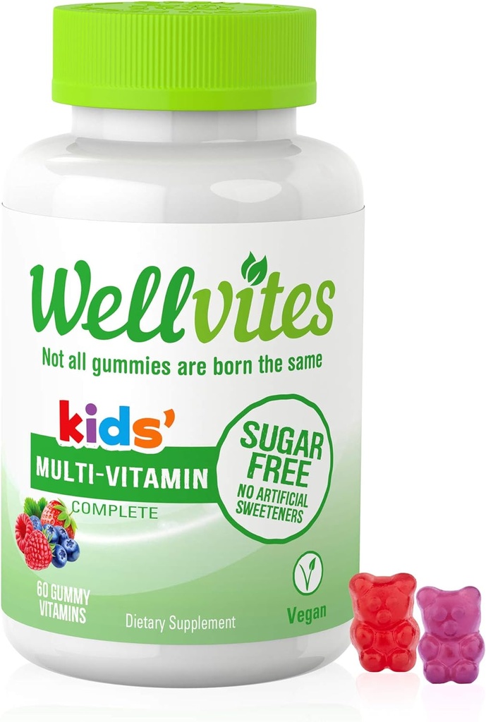 Wellvites Kids Multivitamin Gummies - Χωρίς ζάχαρη, Vegan, Non-GMO, Vitamin A, D, B6, B12 και C - Χωρίς τεχνητά γλυκαντικά, Gluten-free, Gelatin-free - 60 Count (30 Day Supply)
