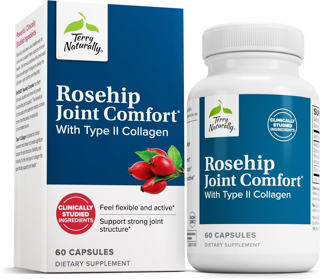 Terry Φυσικά Rosehip Joint Comfort - Healthy Joint Mobility & Flexibility Support Supplement - Συμπλήρωμα με τον τύπο II Collagen - Joint Structure & Cartilage Supplement - 60 Κάψουλες