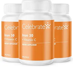 Celebrate Vitamins Iron Supplement with Vitamin C - 30mg Iron, 60mg Vitamin C, Bariatric Vitamins for WLS Patients, Vertical Sleeve & Gastric Bypass Surgery – 90 Capsules