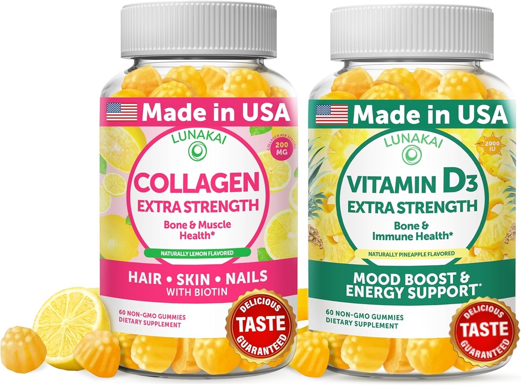 Lunakai Collagen και βιταμίνη D3 Gummies Bundle - Μη ΓΤΟ Συμπληρώματα Αντιγήρανσης για άνδρες & γυναίκες - Ανοσία, οστά και Mood Υποστήριξη Gummy για ενήλικες - 30 ημέρες προσφοράς