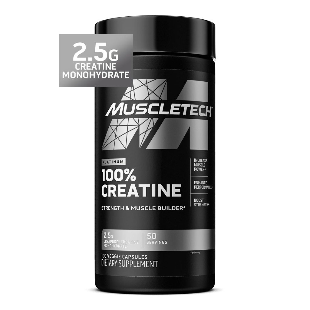 MuscleTech Platinum Creatine Monohydrate Κάψουλες - Creapure Creatine Pre & Post Workout Muscle Builder, Muscle Recovery & Energy Ενισχύοντας συμπλήρωμα για άνδρες & γυναίκες - 100 χάπια Veggie