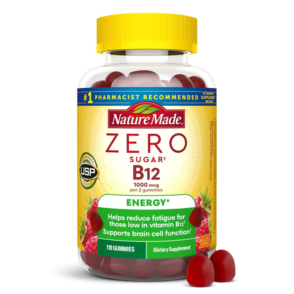 Nature Made Zero Sugar Energy Vitamin B12 Gummies 1000 mcg per Serving, B12 Βιταμίνες, Υποστήριξη Μεταβολισμού Ενέργειας, Ασπαρτάμη Δωρεάν, 110 Ζάχαρη Δωρεάν Gummies, 55 Ημέρα προσφοράς