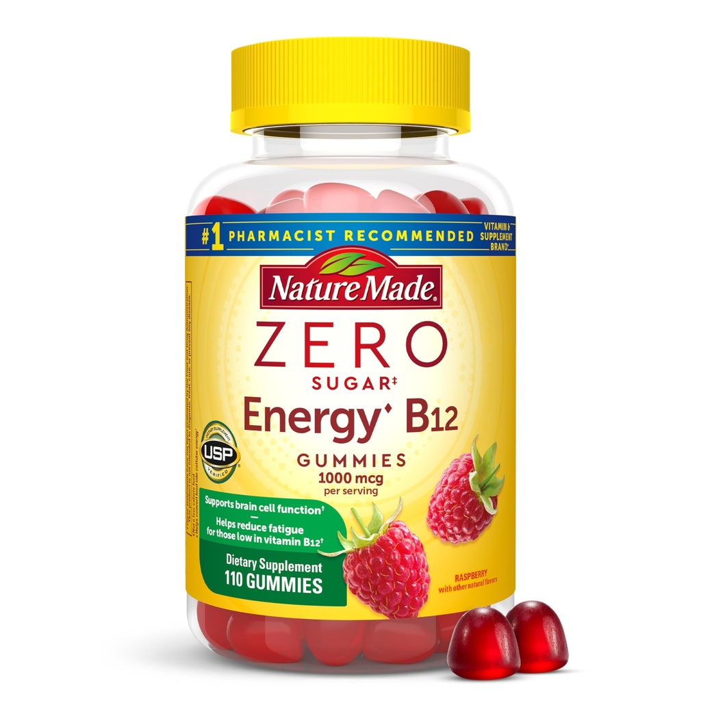 Nature Made Zero Sugar Energy Vitamin B12 Gummies 1000 mcg per Serving, B12 Βιταμίνες, Υποστήριξη Μεταβολισμού Ενέργειας, Ασπαρτάμη Δωρεάν, 110 Ζάχαρη Δωρεάν Gummies, 55 Ημέρα προσφοράς