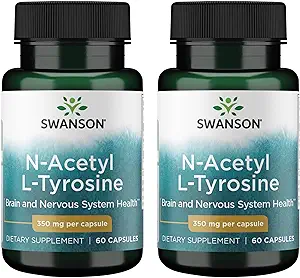 Swanson N-Acetyl L-Tyrosine - Amino Acid Supplement Supporting Overall Brain Health & Central Nervous System Function - Promotes Mood & Cognitive Health - (60 Capsules, 350mg Each) (2 Pack)
