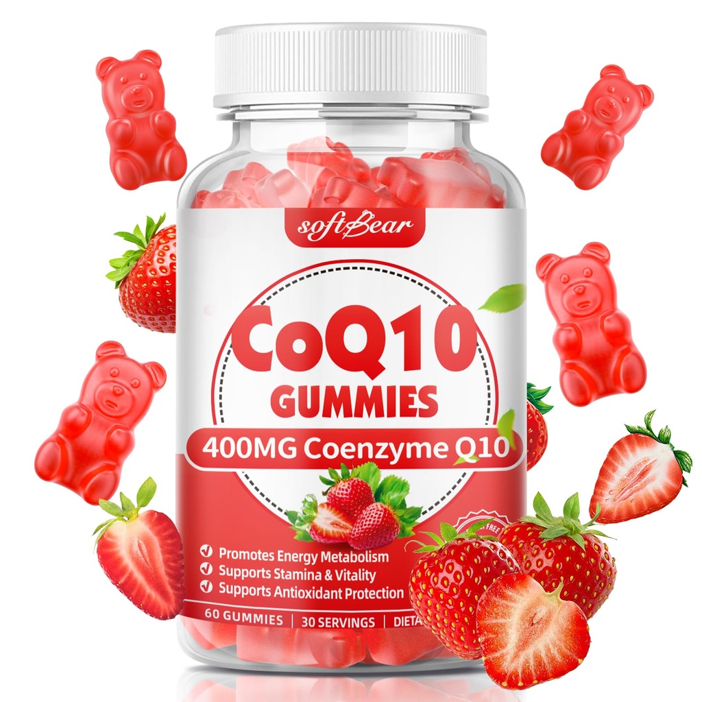 softbear CoQ10 Gummies 400mg Coenzyme Q10 συμπλήρωμα για ενήλικες, υψηλής απορρόφησης coq10 Plus Omega-3, Μαγνήσιο, Βιταμίνη B3 & Ψευδάργυρος για Κυτταρική Ενέργεια & Αντιοξειδωτικό, Φράουλα Γεύση 60 Count