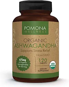 Pomona Wellness Organic Ashwagandha συμπλήρωμα για την υποστήριξη του στρες, 1.350 mg Mood Enhancer & Thyroid Υποστήριξη, USDA Organic, Vegan, Non-GMO, 120 δισκία Root σκόνης Ashwagandha