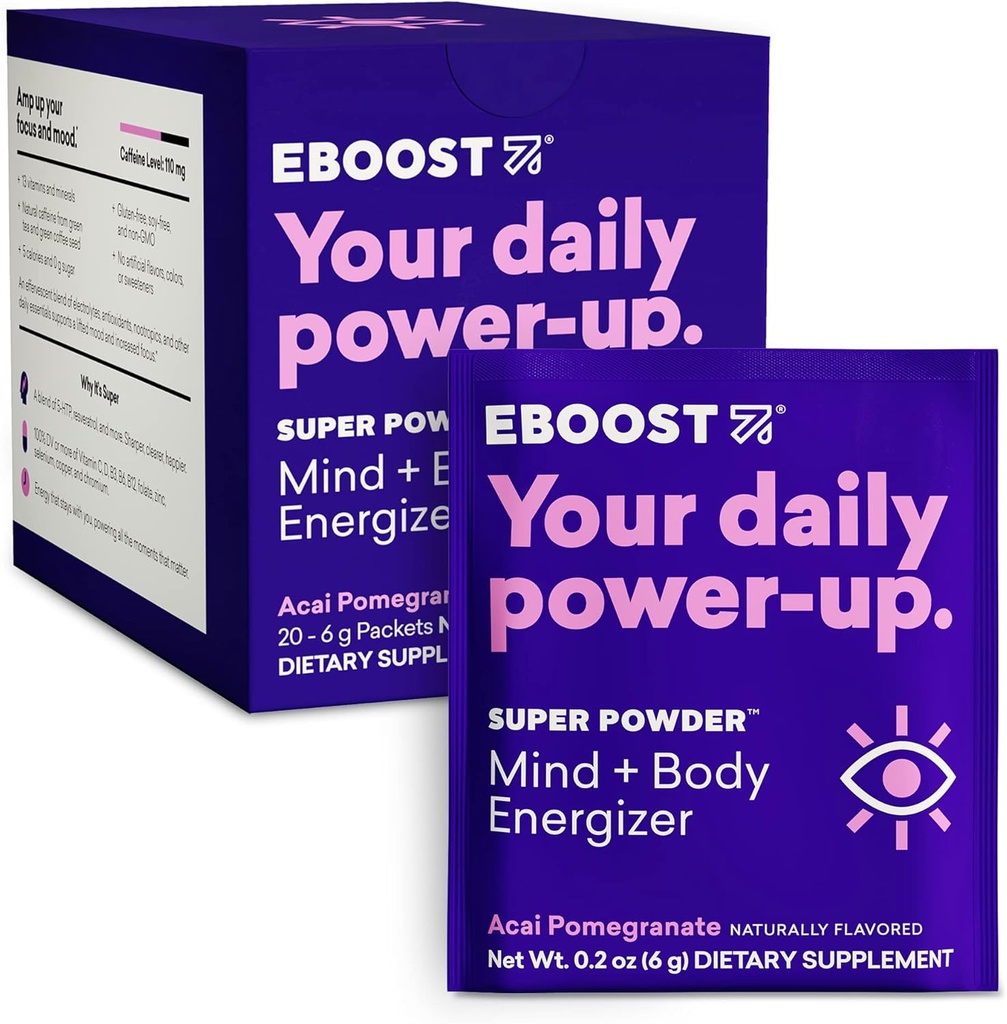 EBOOST Super Energy Powder Drink Mix, Μη ΓΤΟ Ηλεκτρολυτικό Συμπλήρωμα Φορτωμένο με Βιταμίνες (Acai Ρόδι), 0.2 Ουγγιά (Pack of 20)