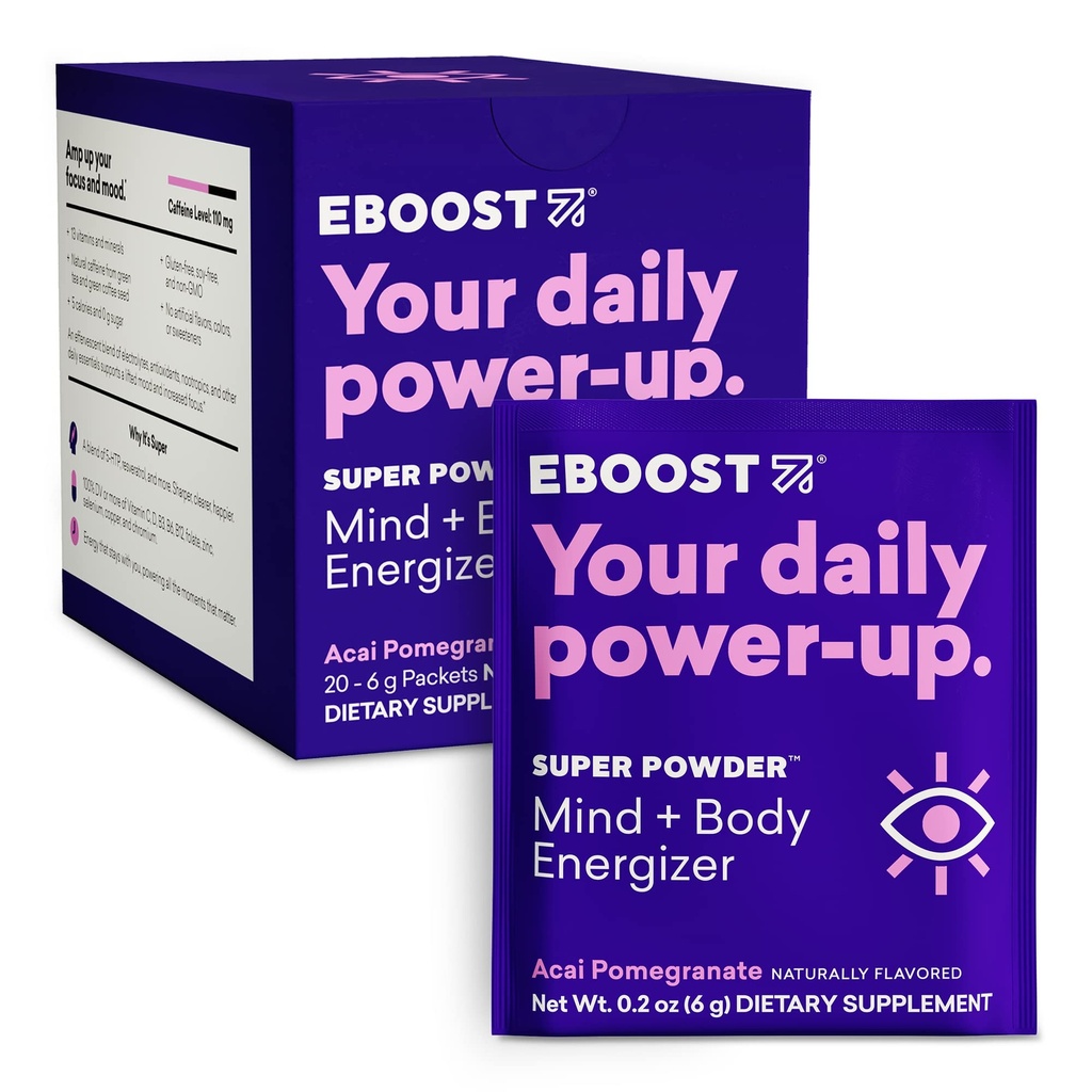 EBOOST Super Energy Powder Drink Mix, Μη ΓΤΟ Ηλεκτρολυτικό Συμπλήρωμα Φορτωμένο με Βιταμίνες (Acai Ρόδι), 0.2 Ουγγιά (Pack of 20)