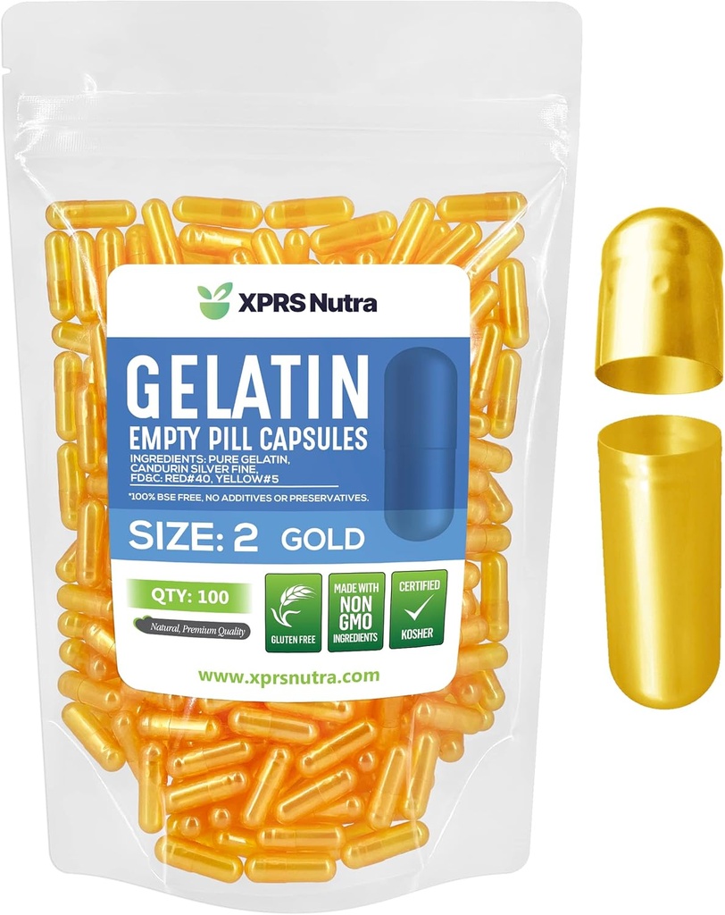 XPRS Nutra Μέγεθος 2 Κενές κάψουλες - 100 Count Empty Gelatin Κάψουλες - Χάπια DIY Καψάκιο Γέμισμα - Καθαρά Καπάκια τζελ Μπόβιν Χάπι για Συμπληρώματα Do-It-Yourself (Χρυσό)