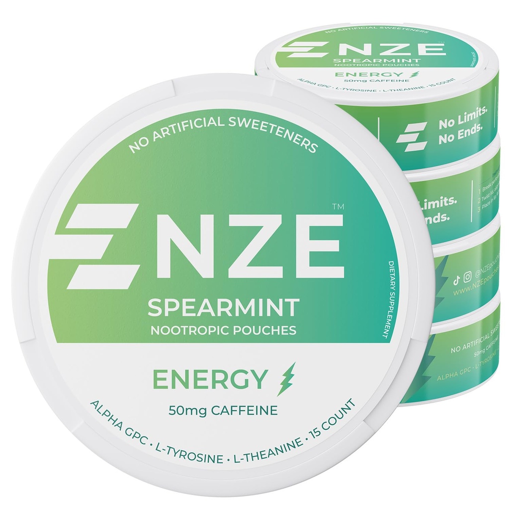 NZE Caffeine Nootropic Pouches (Spearmint) - Ενεργειακοί σάκοι με 50mg Caffeine, Alpha GPC, L-Tyrosine & L-Theanine με Χωρίς Ζάχαρη ή Τεχνητά γλυκαντικά - 15 Σακουλάκια ανά κονσέρβα - 5 Συσκευασία