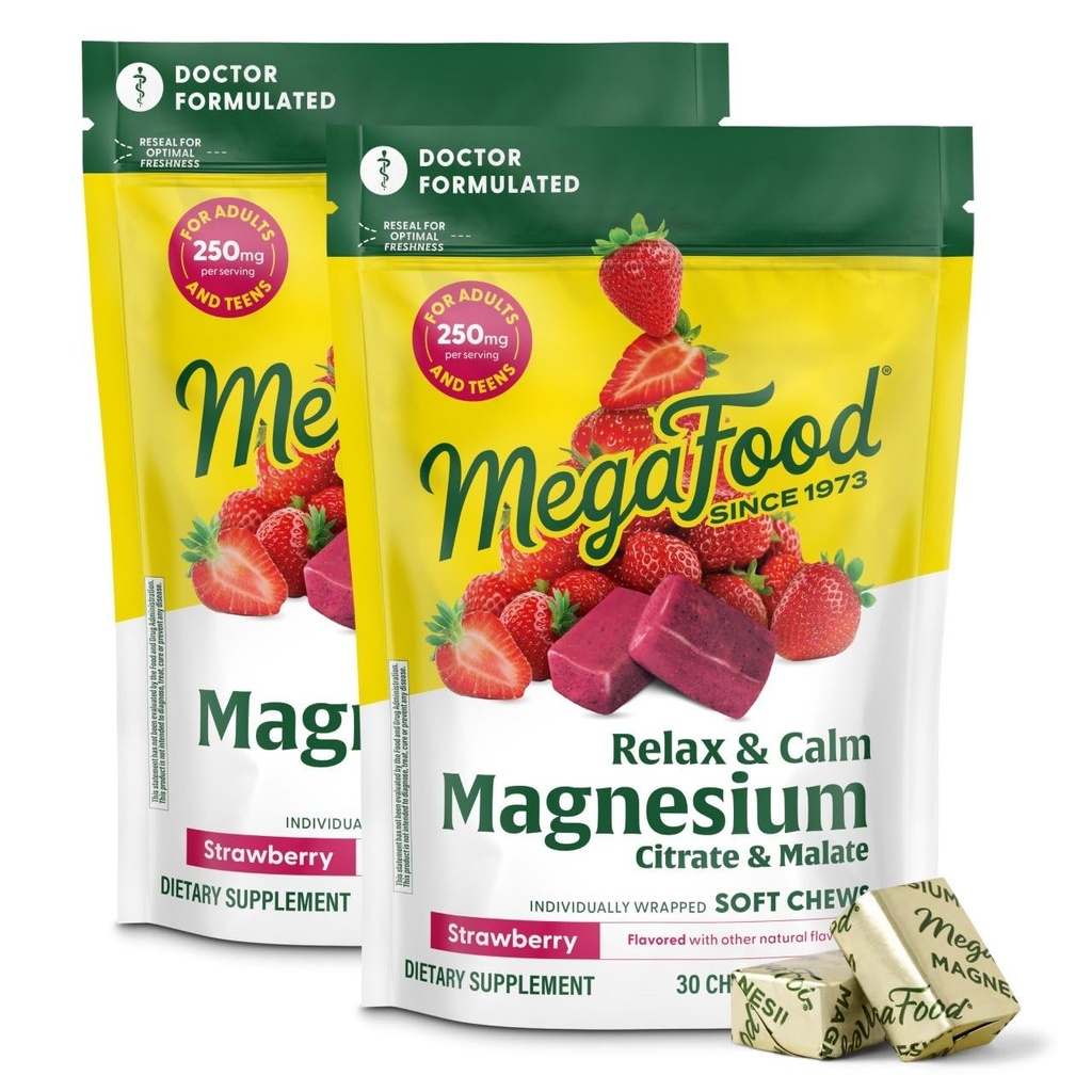 MegaFood Relax + Calm Magnesium Complex with Magnesium Citrate & Malate for Heart Health, Muscle Tension & More – Doctor Formulated - Vegetarian – Strawberry Flavor - 30 Soft Chews (2 Pack)