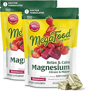 MegaFood Relax + Calm Magnesium Supplement - Μαλακά μάσημα με Κιτρικό μαγνήσιο & Κακή για την υγεία της καρδιάς, τη μυϊκή ένταση & Περισσότερα - Χορτοφαγικά - Flavor Φράουλα - 30 μάσημα ανά συσκευασία (2 Pack)