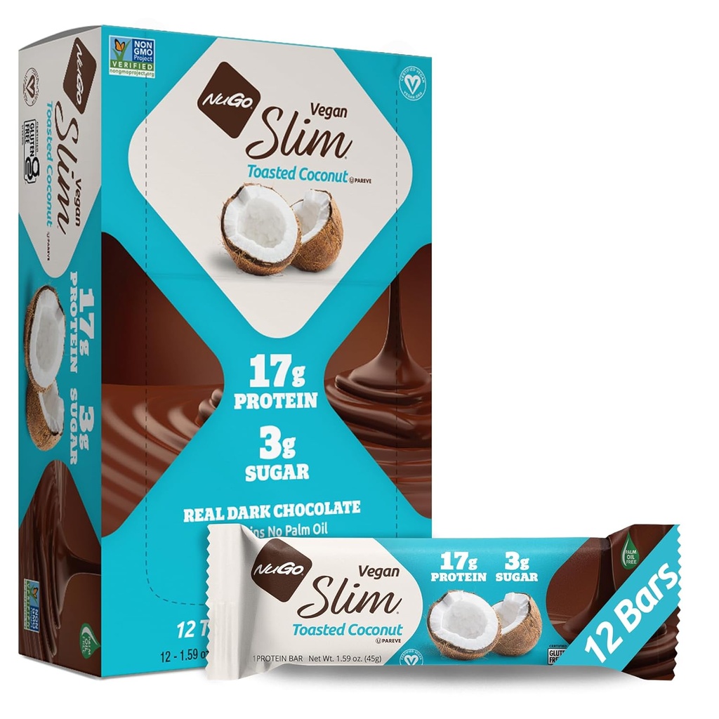 NuGo Slim Σκούρο σοκολάτα φρυγανισμένη καρύδα, 16g Vegan πρωτεΐνη, 3g ζάχαρη, 7g ίνες, χαμηλή καθαρό υδατανθράκων, Keto φιλικό, χωρίς γλουτένη, 12 C