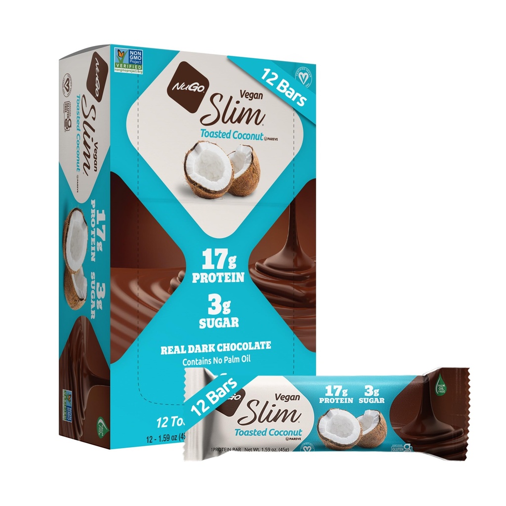 NuGo Slim Σκούρο σοκολάτα φρυγανισμένη καρύδα, 16g Vegan πρωτεΐνη, 3g ζάχαρη, 7g ίνες, χαμηλή καθαρό υδατανθράκων, Keto φιλικό, χωρίς γλουτένη, 12 C